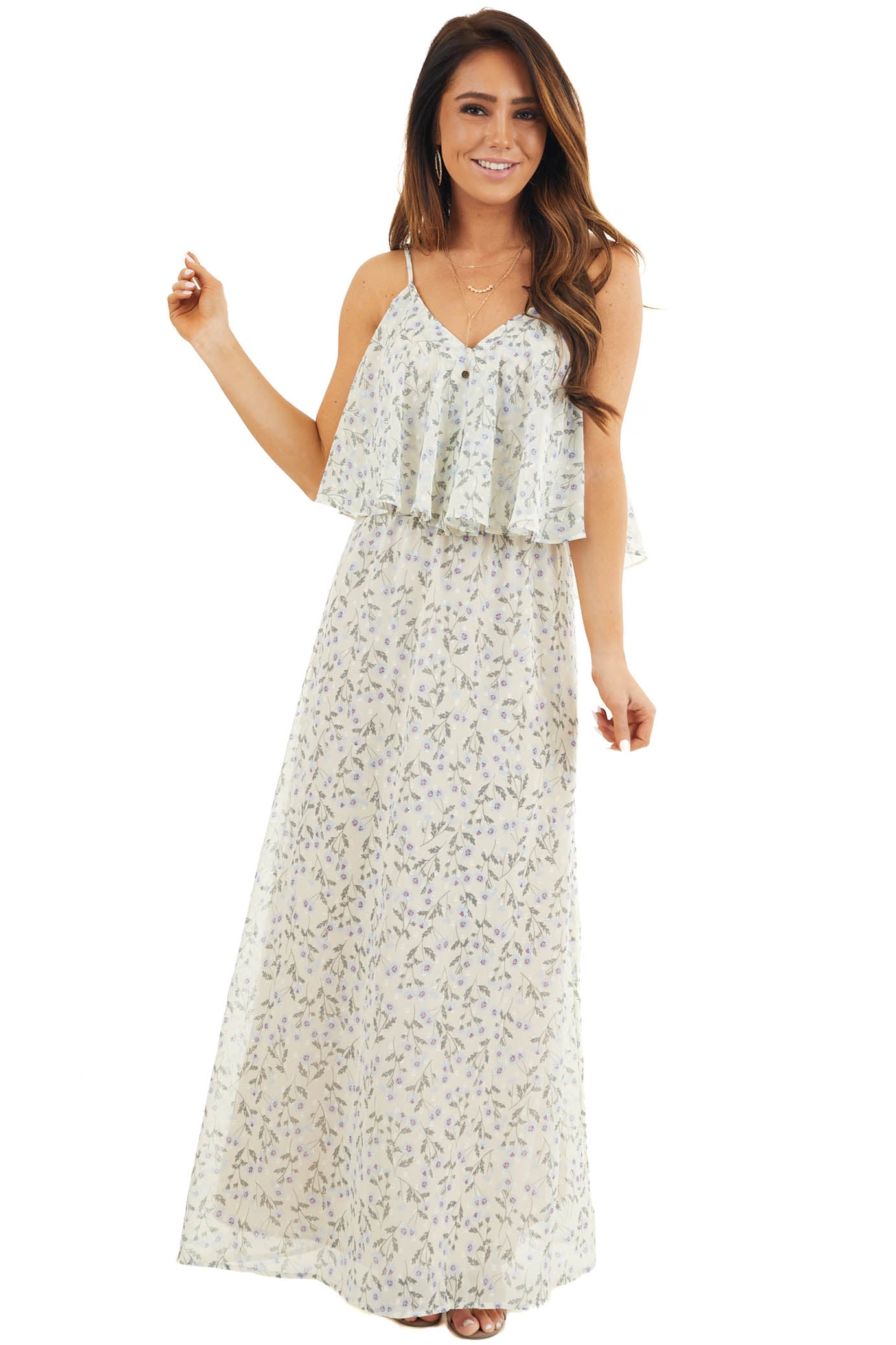 Eggshell Floral Print Sleeveless Maxi Dress with V Neckline