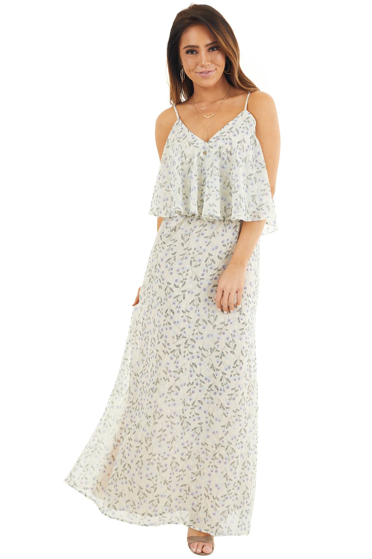 Eggshell Floral Print Sleeveless Maxi Dress with V Neckline