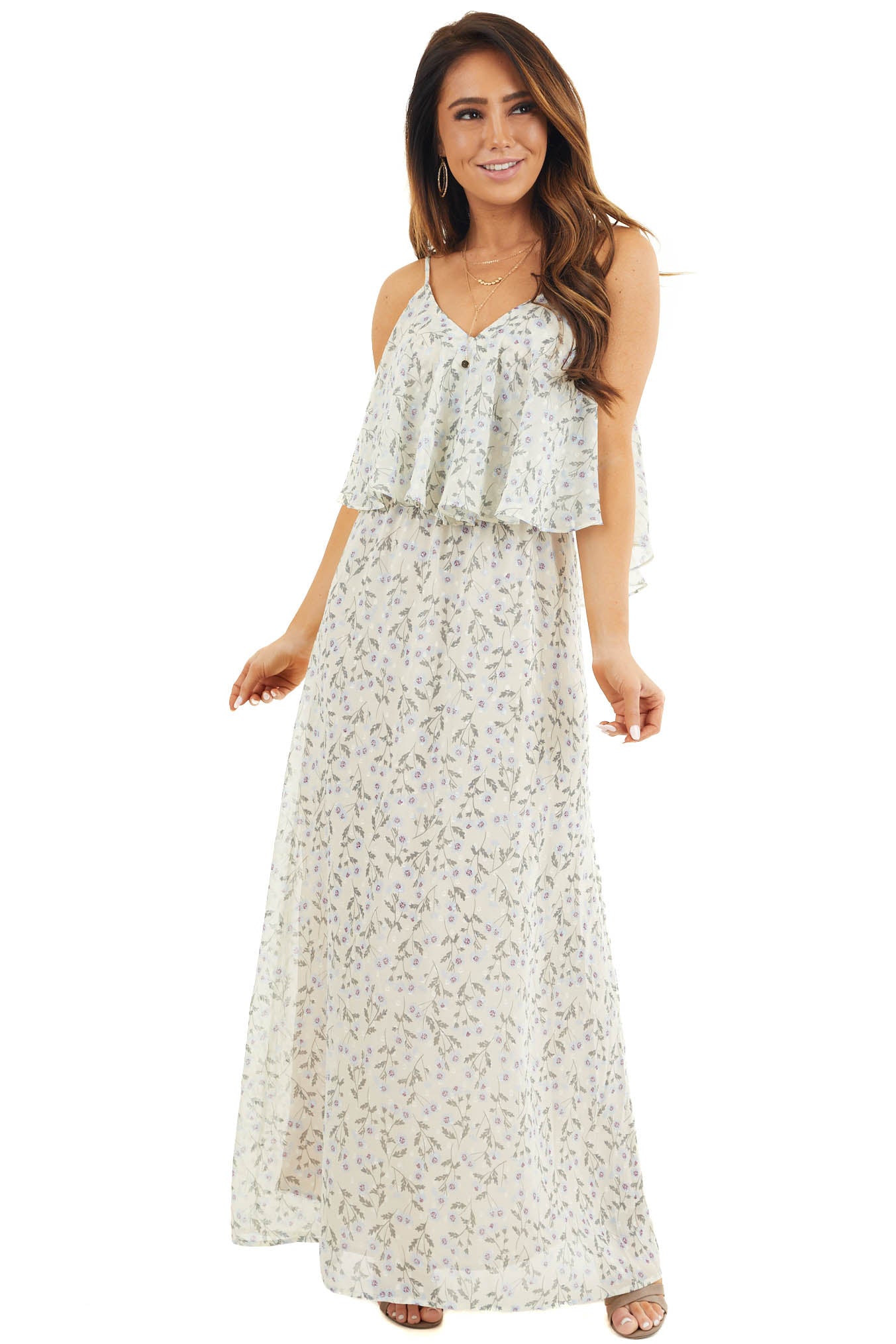 Eggshell Floral Print Sleeveless Maxi Dress with V Neckline