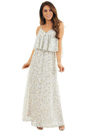 Eggshell Floral Print Sleeveless Maxi Dress with V Neckline