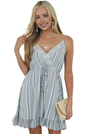 Eggshell Striped Surplice Embroidered Short Dress