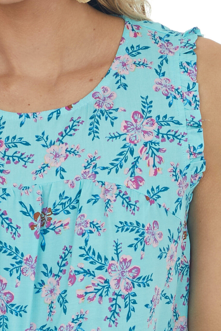 Aqua Floral Print Sleeveless Blouse