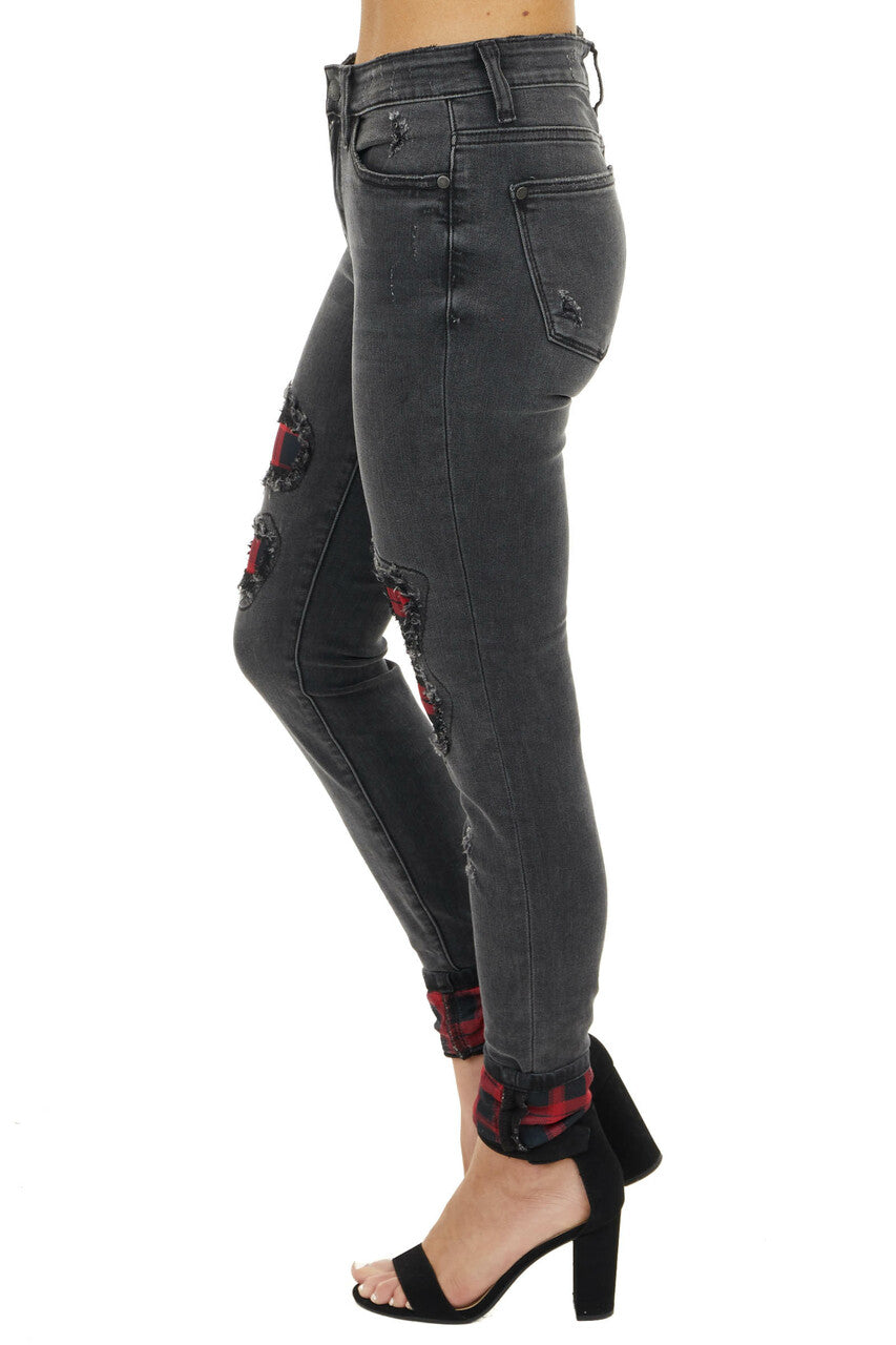Faded Black Mid Rise Jeans with Plaid Patches and Cuffs