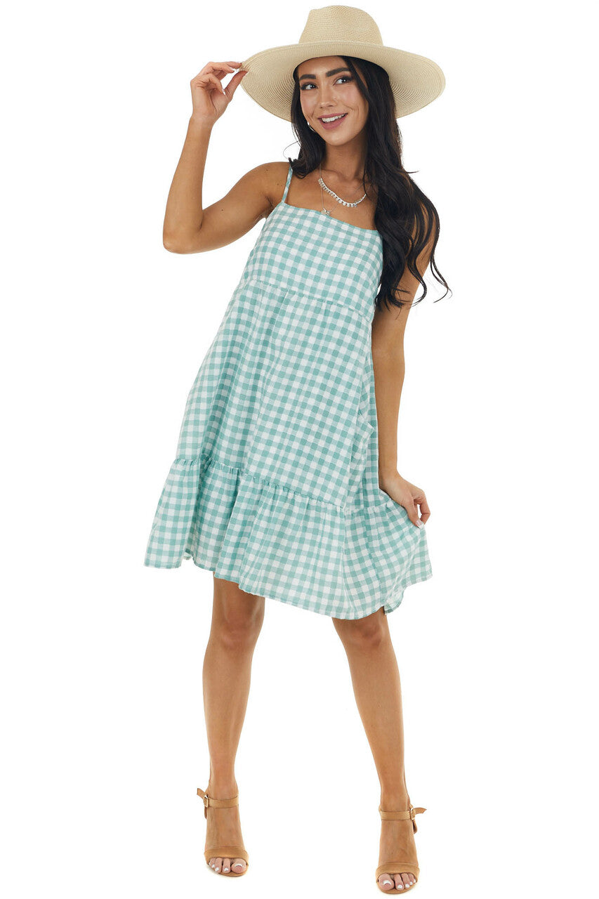 Faded Juniper Gingham Sleeveless Short Dress
