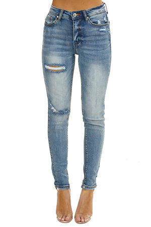 Faded Medium Wash High Rise Distressed Skinny Jeans