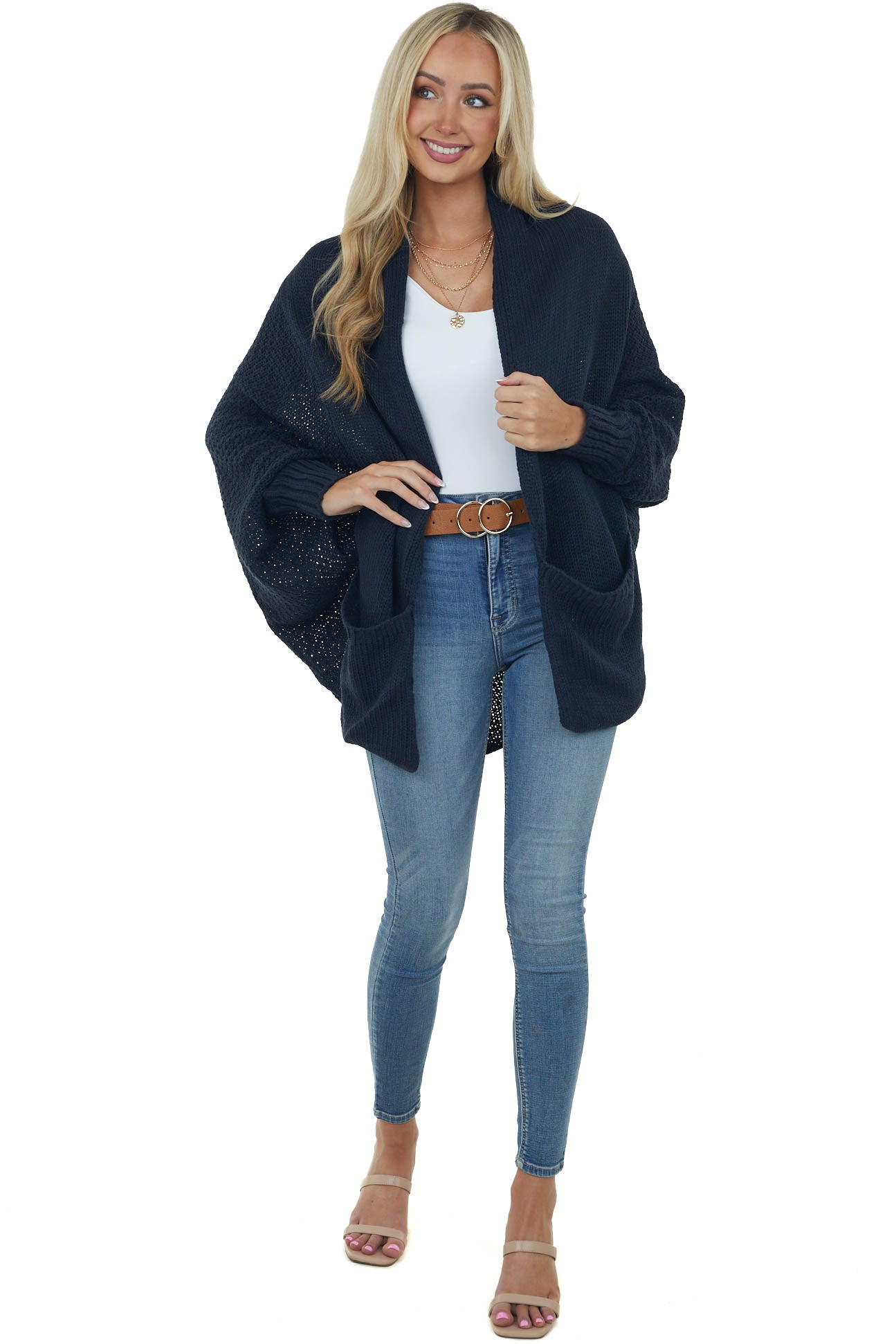Faded Navy Draped Dolman Sleeve Cardigan