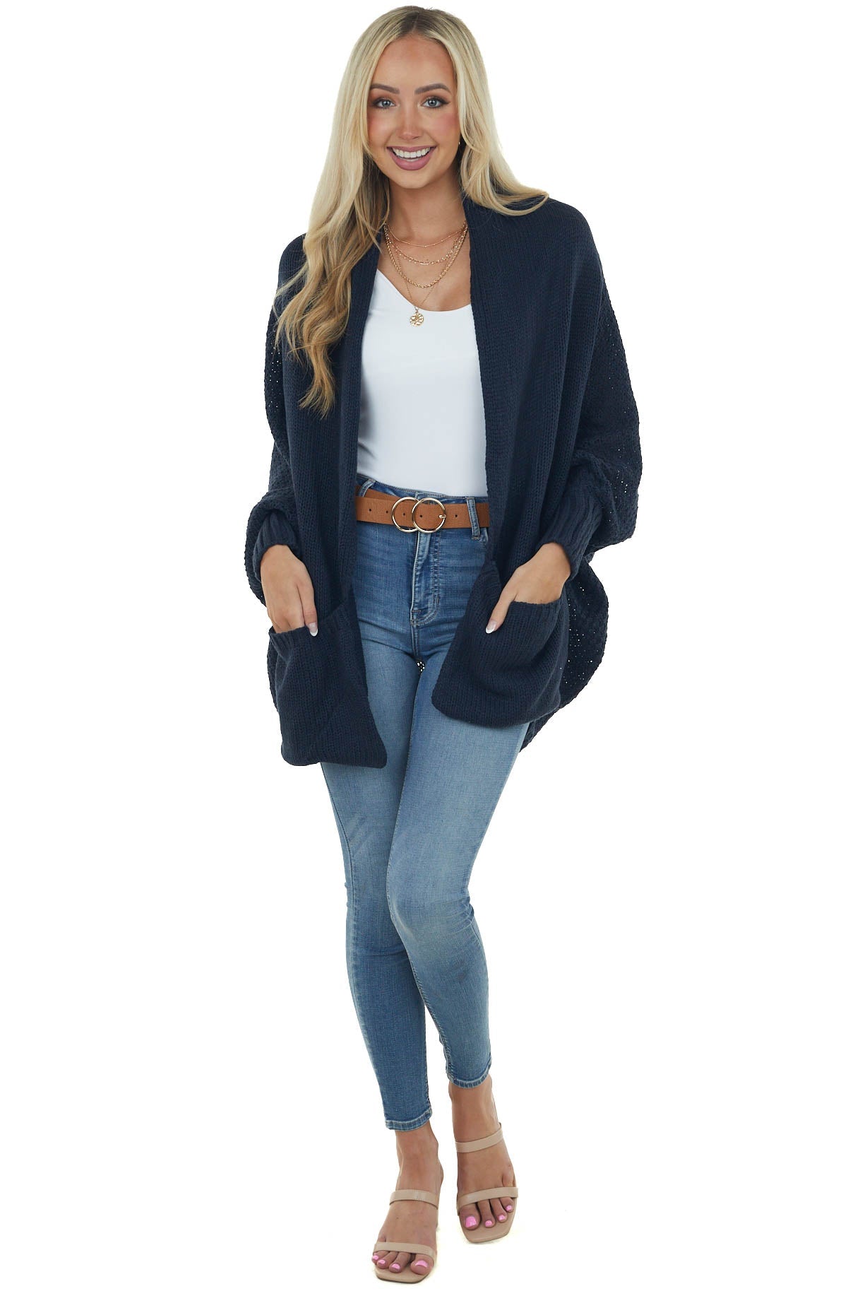 Faded Navy Draped Dolman Sleeve Cardigan