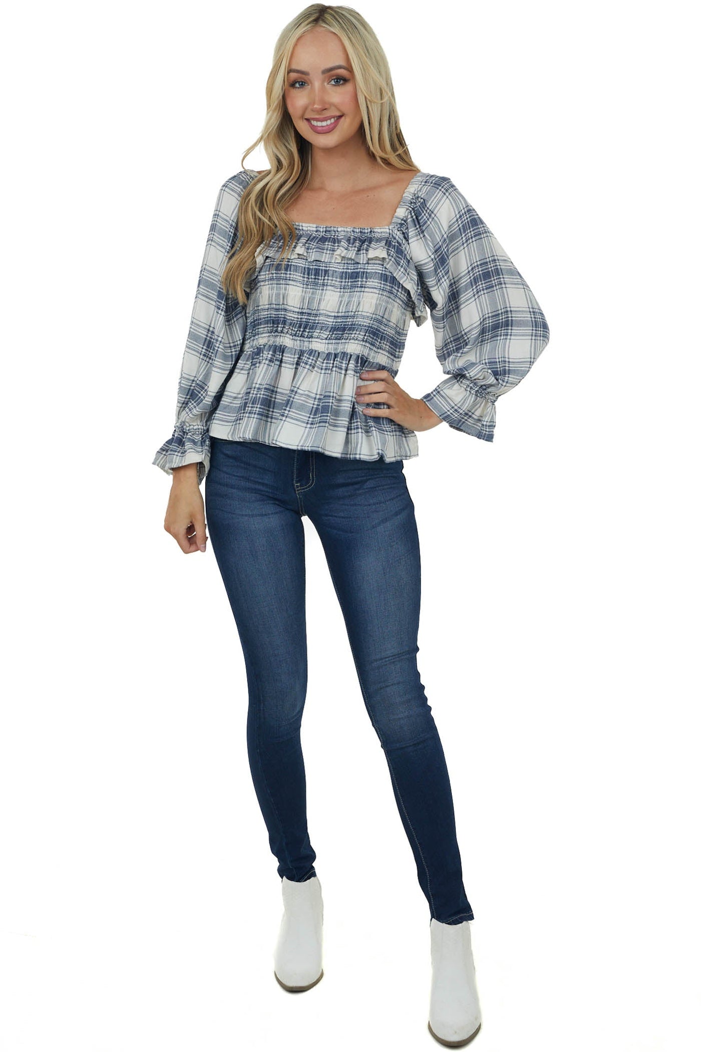 Faded Navy Plaid Long Puff Sleeve Peplum Top