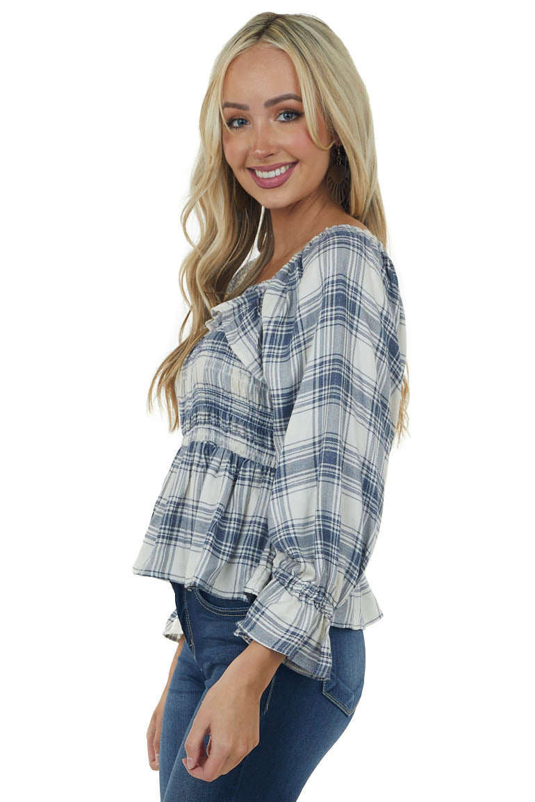 Faded Navy Plaid Long Puff Sleeve Peplum Top