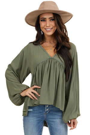 Faded Olive Drop Waist Top with Tied Back and Bubble Sleeves 