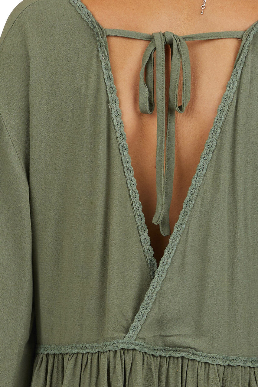 Faded Olive Drop Waist Top with Tied Back and Bubble Sleeves 