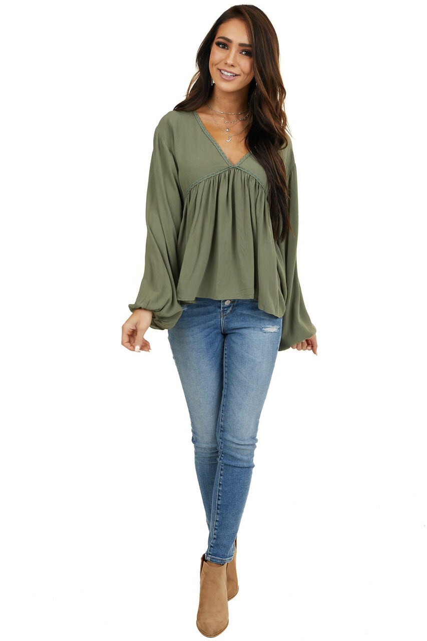 Faded Olive Drop Waist Top with Tied Back and Bubble Sleeves 