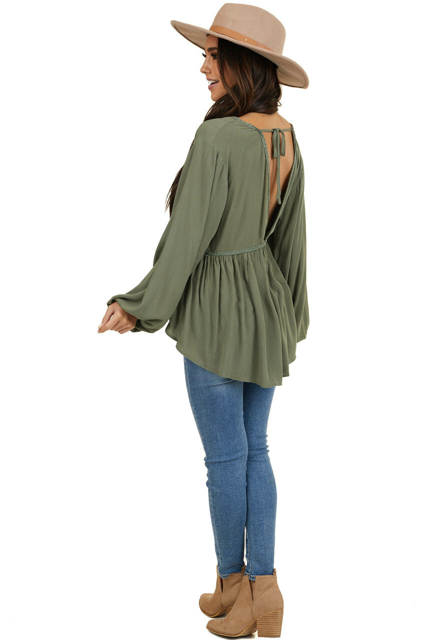 Faded Olive Drop Waist Top with Tied Back and Bubble Sleeves 