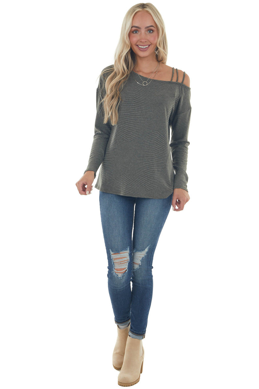 Faded Olive Ribbed Strappy Shoulder Knit Top
