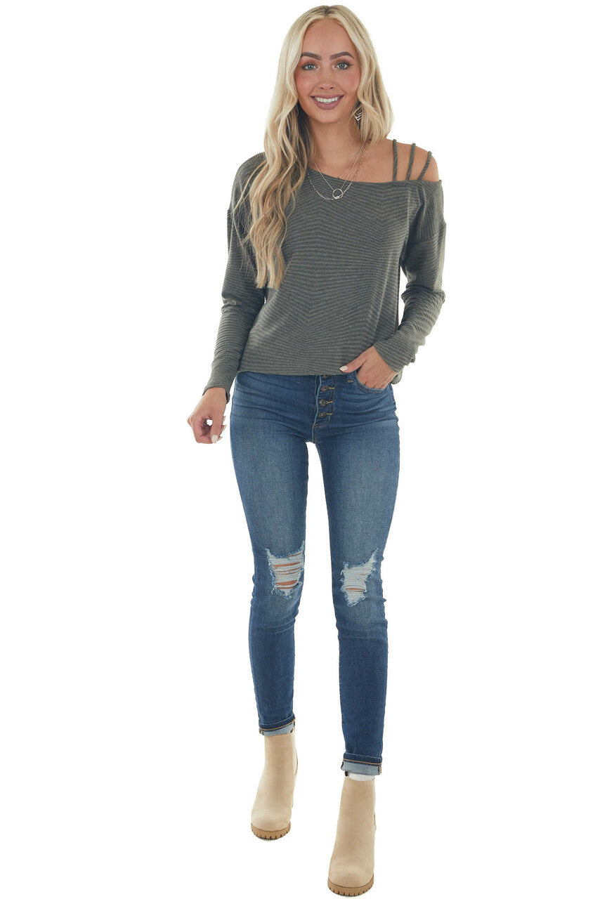 Faded Olive Ribbed Strappy Shoulder Knit Top