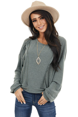 Faded Olive Stretchy Long Sleeve Top with Raw Edge Details
