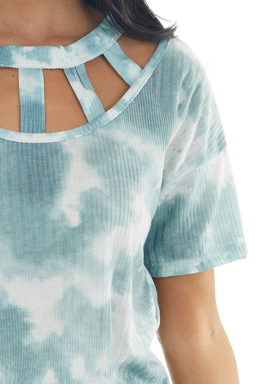 Juniper Tie Dye Short Sleeve Knit Top with Caged Neckline 