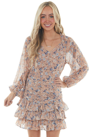 Faded Rose Floral Bubble Sleeve Ruffle Dress