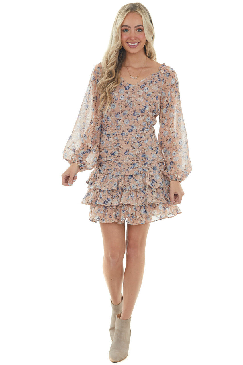 Faded Rose Floral Bubble Sleeve Ruffle Dress
