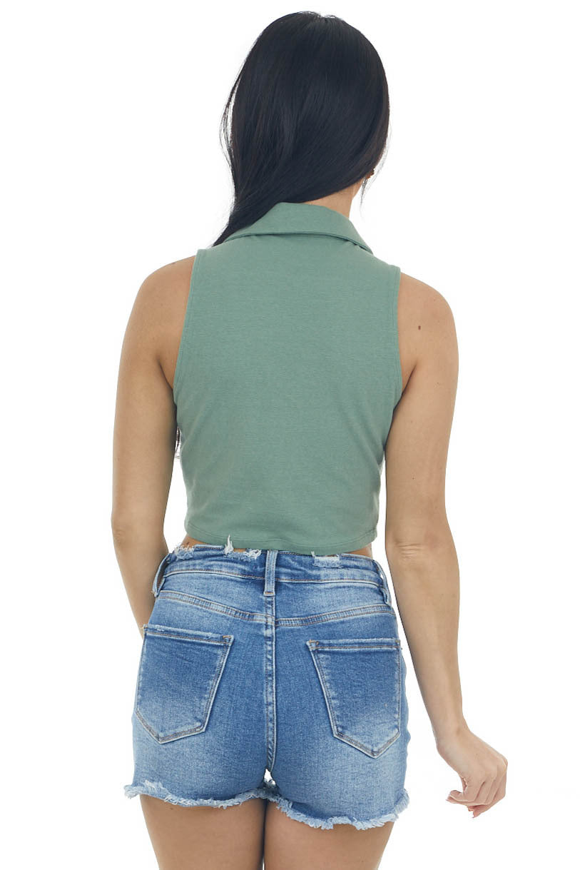 Fern Green Collared Sleeveless Knit Crop Top