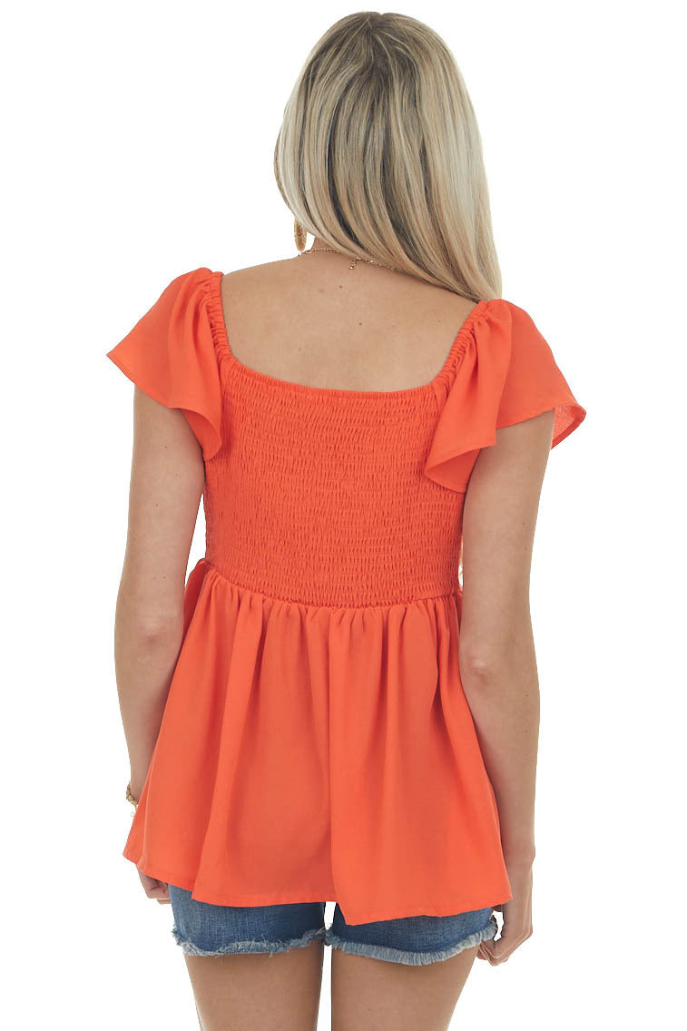 Fire Orange Babydoll Flutter Sleeve Blouse