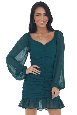 Forest Green Bubble Sleeve Ruched Mini Dress 