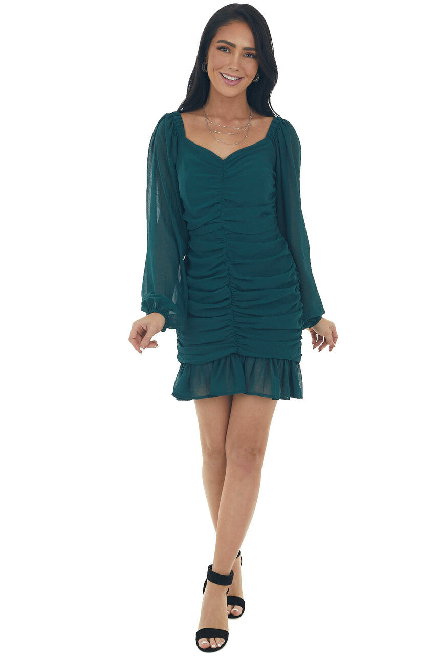 Forest Green Bubble Sleeve Ruched Mini Dress 