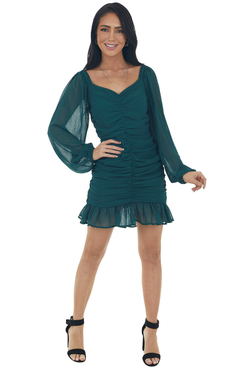 Forest Green Bubble Sleeve Ruched Mini Dress 