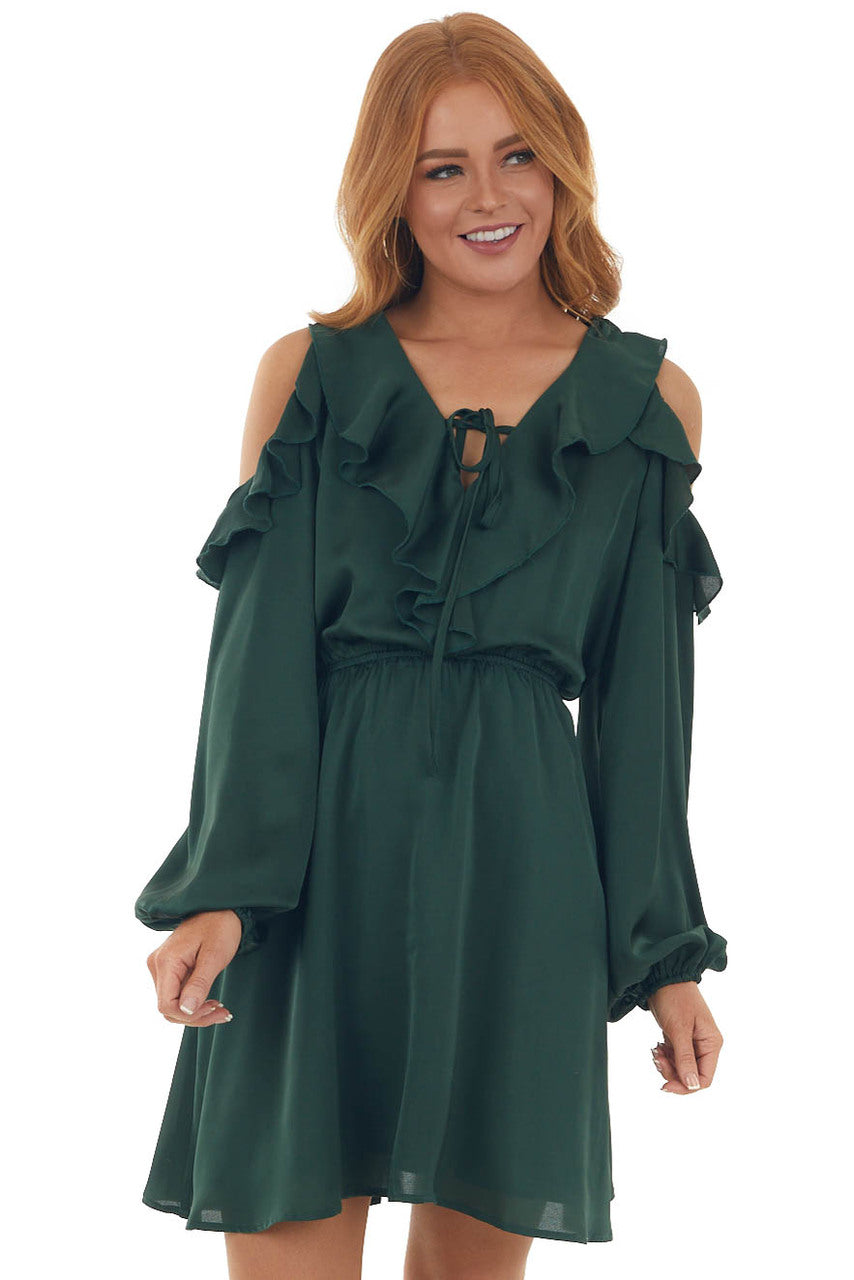 Forest Green Cold Shoulder V Neck Short Dress