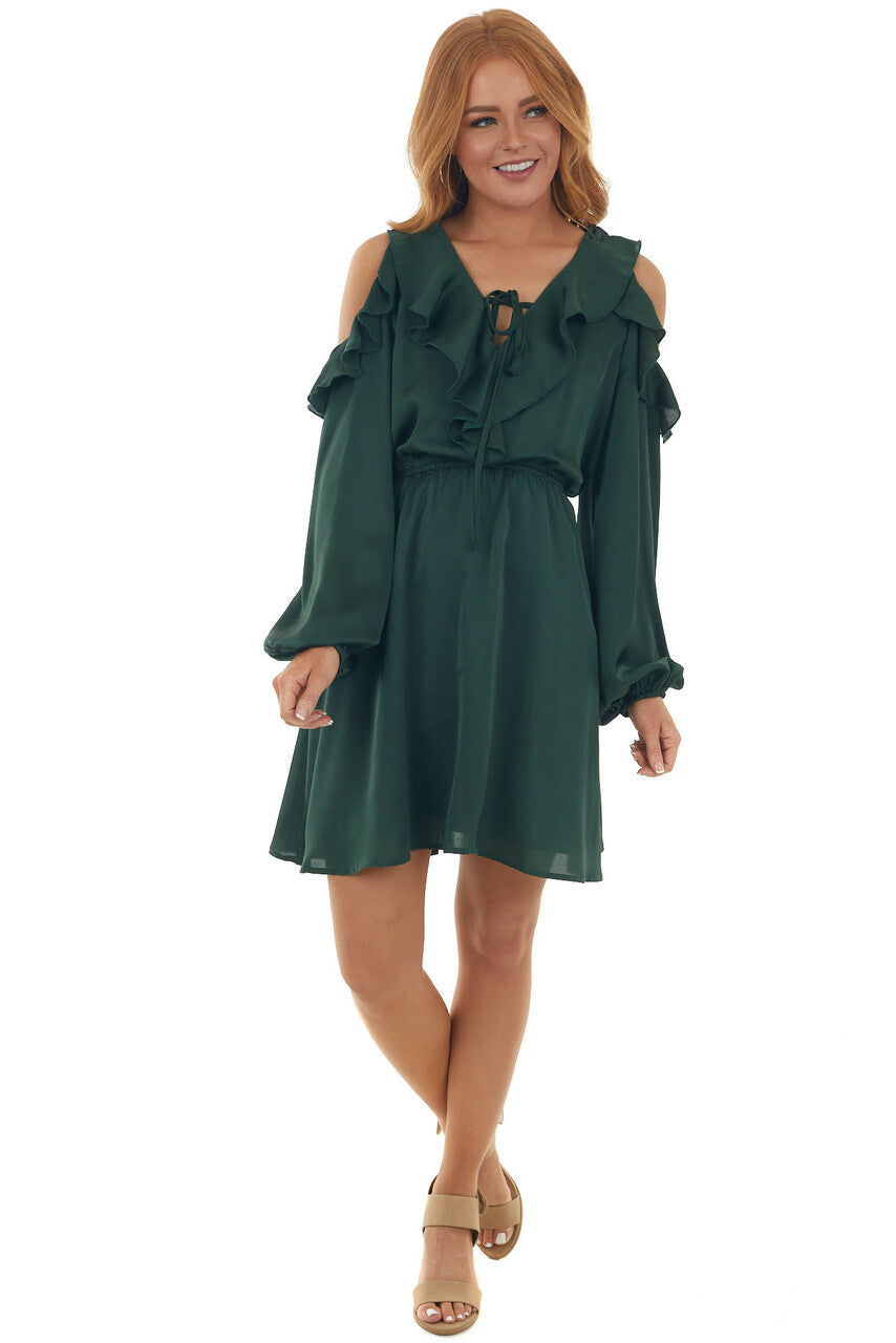 Forest Green Cold Shoulder V Neck Short Dress
