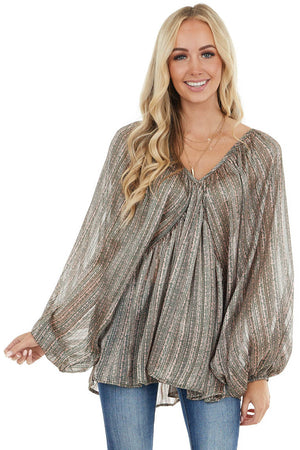 Forest Green Floral Print Long Puff Sleeve Babydoll Top