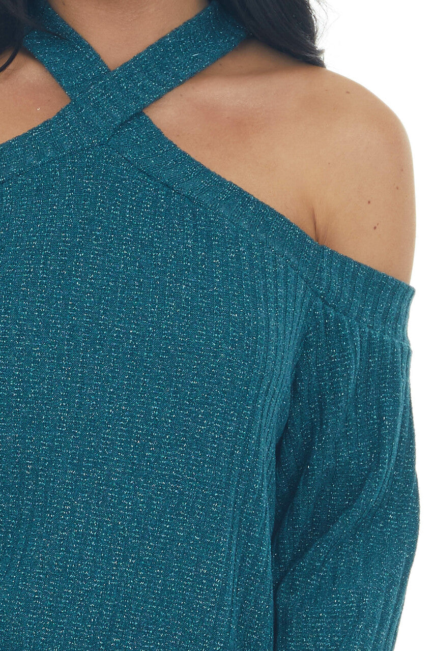 Forest Green Glittery Halter Cold Shoulder Top