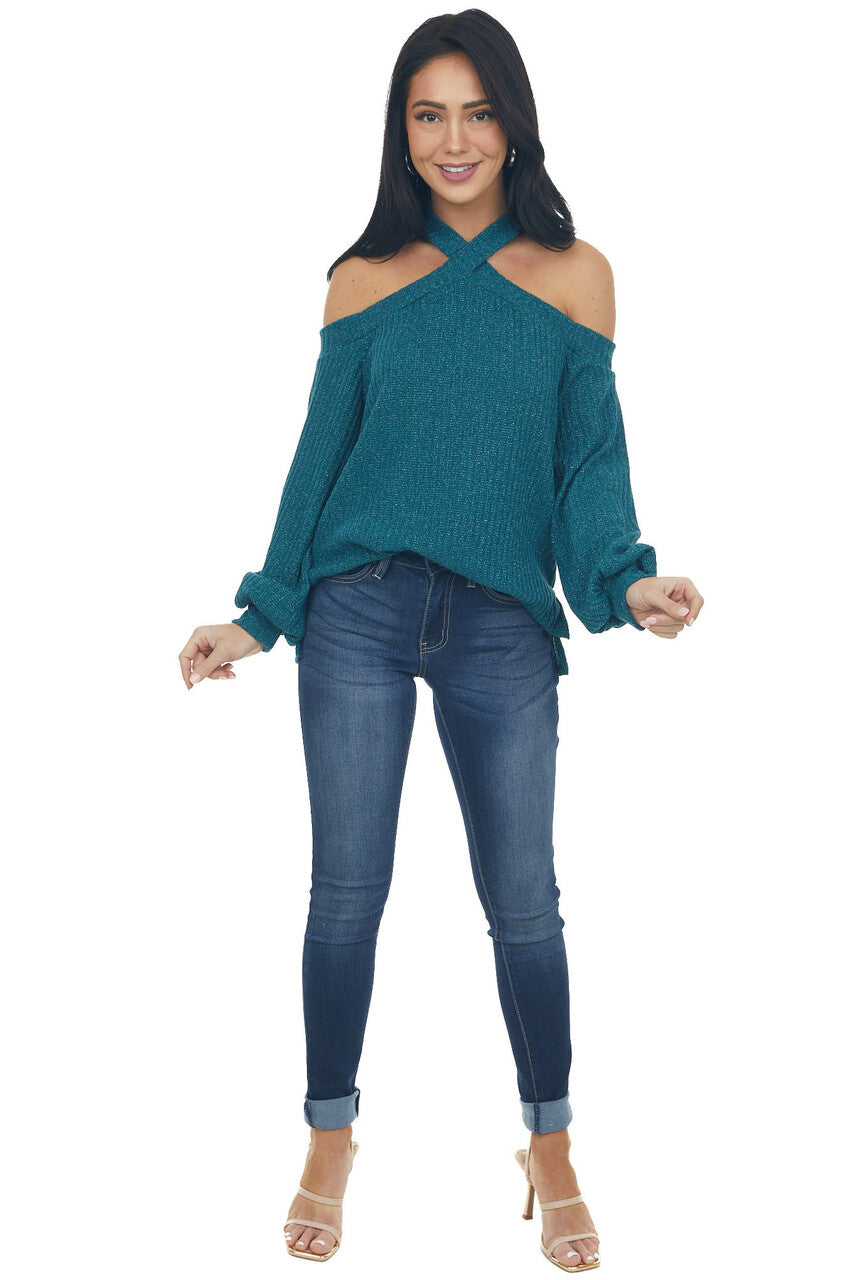 Forest Green Glittery Halter Cold Shoulder Top