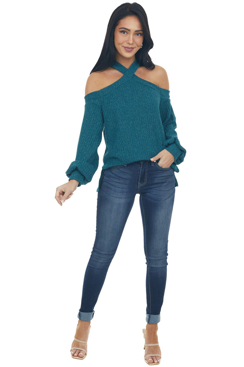 Forest Green Glittery Halter Cold Shoulder Top