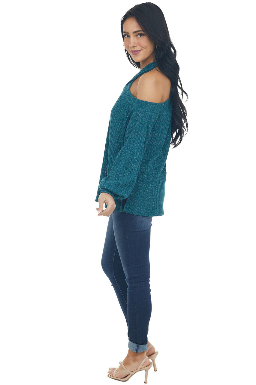 Forest Green Glittery Halter Cold Shoulder Top