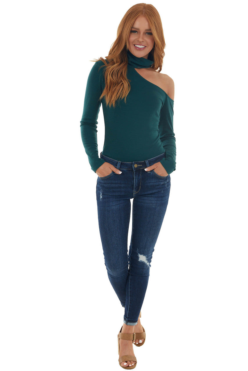 Forest Green Mock Neck Cold Shoulder Top