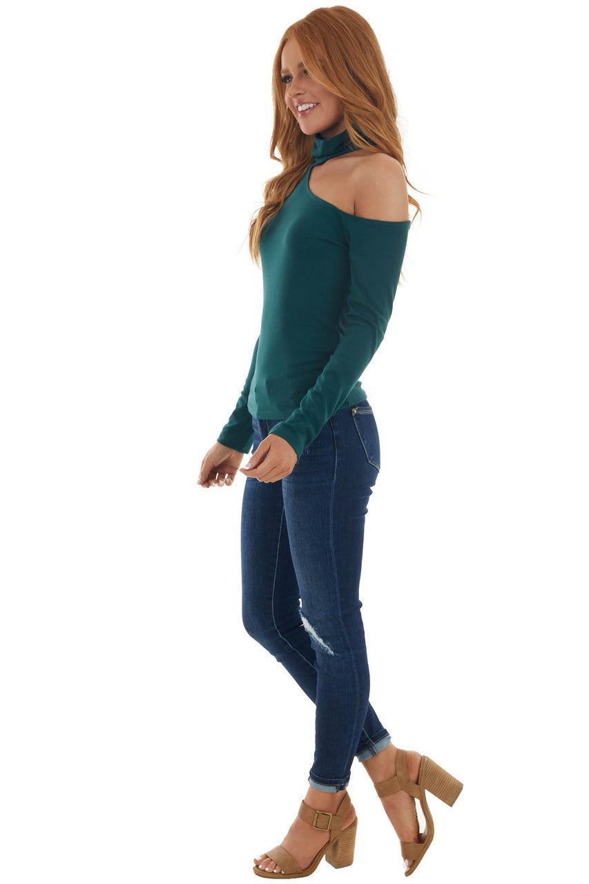 Forest Green Mock Neck Cold Shoulder Top