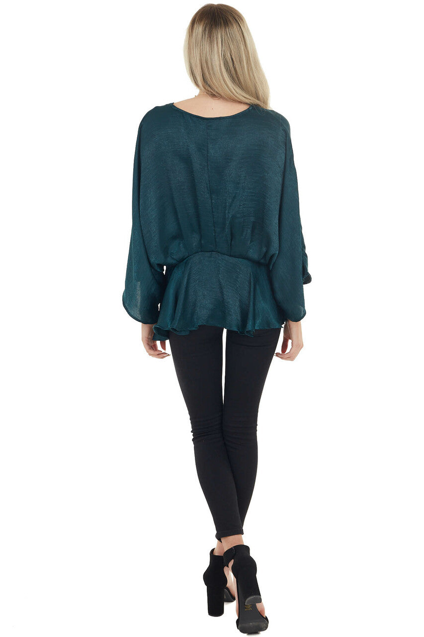 Forest Green Satin Flowy Drop Waist Blouse with V Neckline