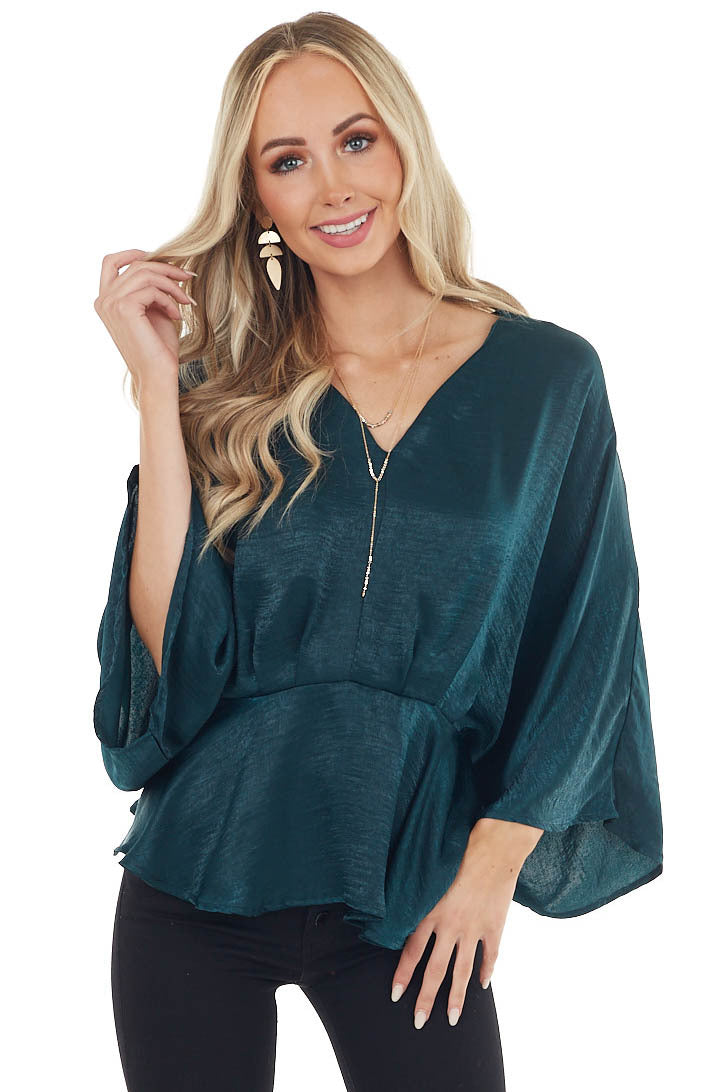 Forest Green Satin Flowy Drop Waist Blouse with V Neckline