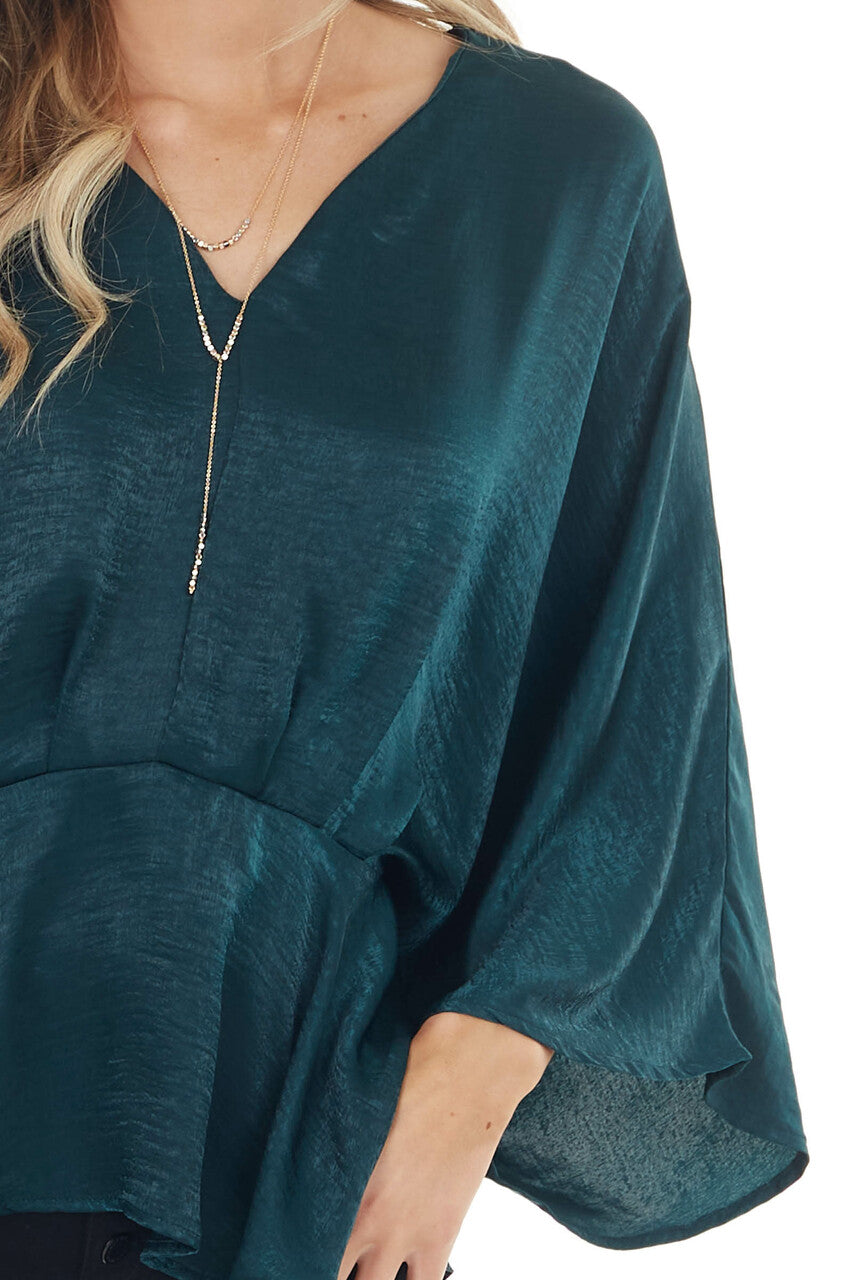 Forest Green Satin Flowy Drop Waist Blouse with V Neckline