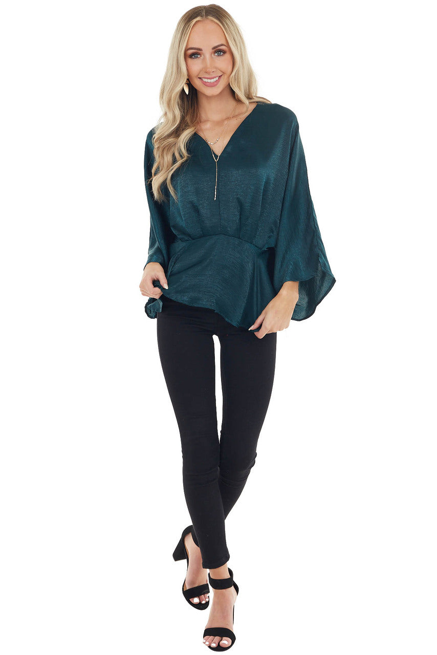 Forest Green Satin Flowy Drop Waist Blouse with V Neckline