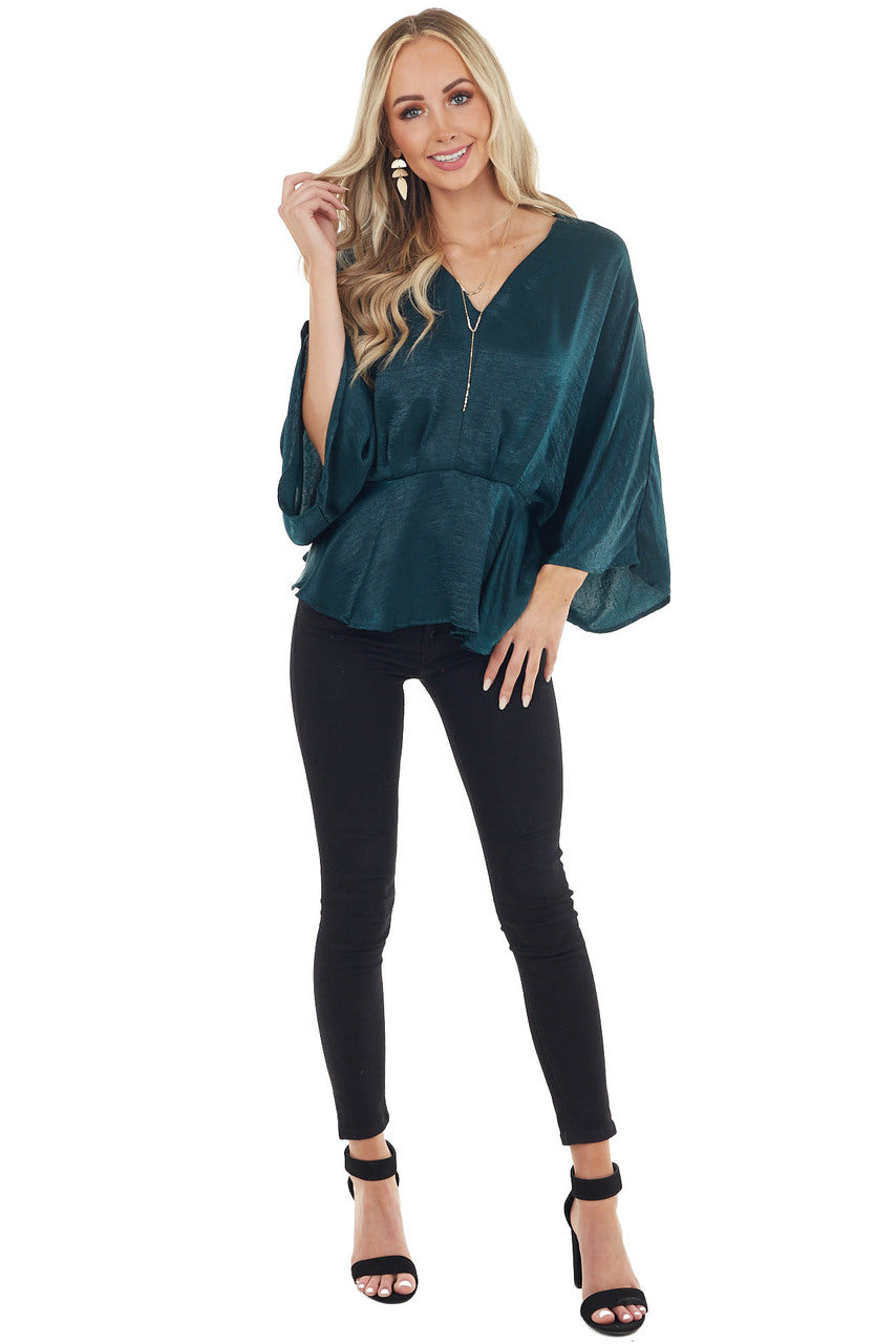 Forest Green Satin Flowy Drop Waist Blouse with V Neckline