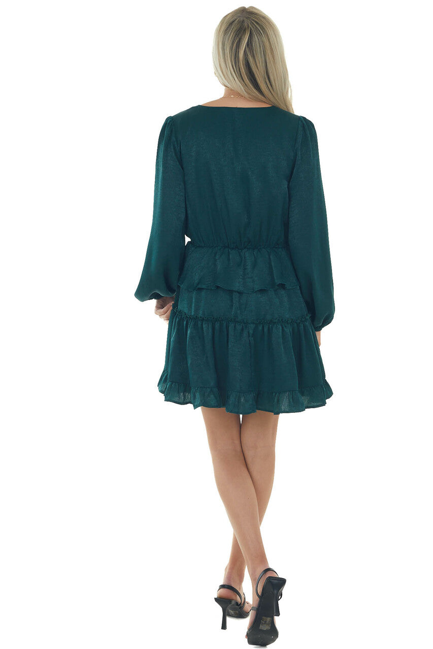 Forest Green Tiered Satin Surplice Dress