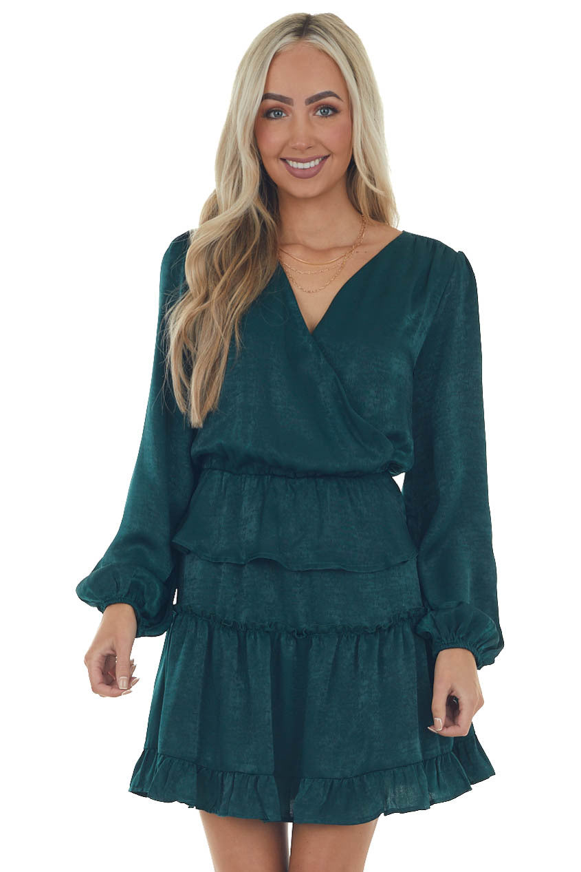 Forest Green Tiered Satin Surplice Dress