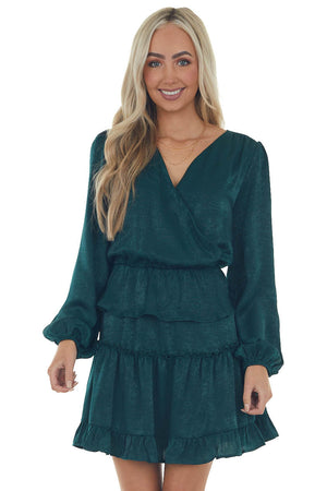 Forest Green Tiered Satin Surplice Dress