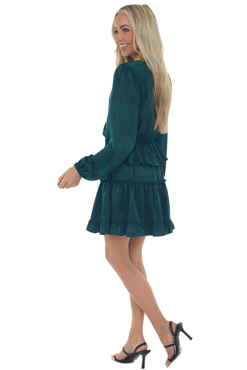 Forest Green Tiered Satin Surplice Dress