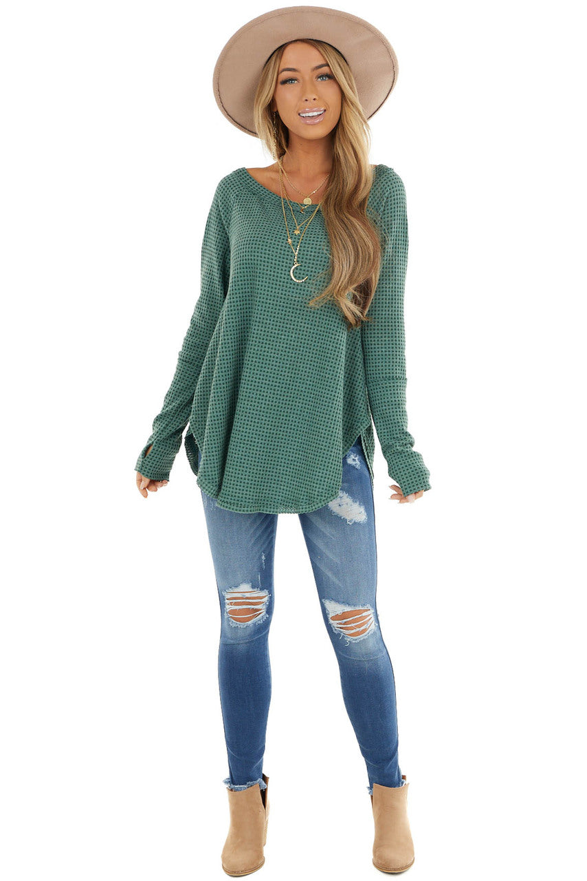 Forest Green Waffle Knit Long Sleeve Top with Thumb Holes