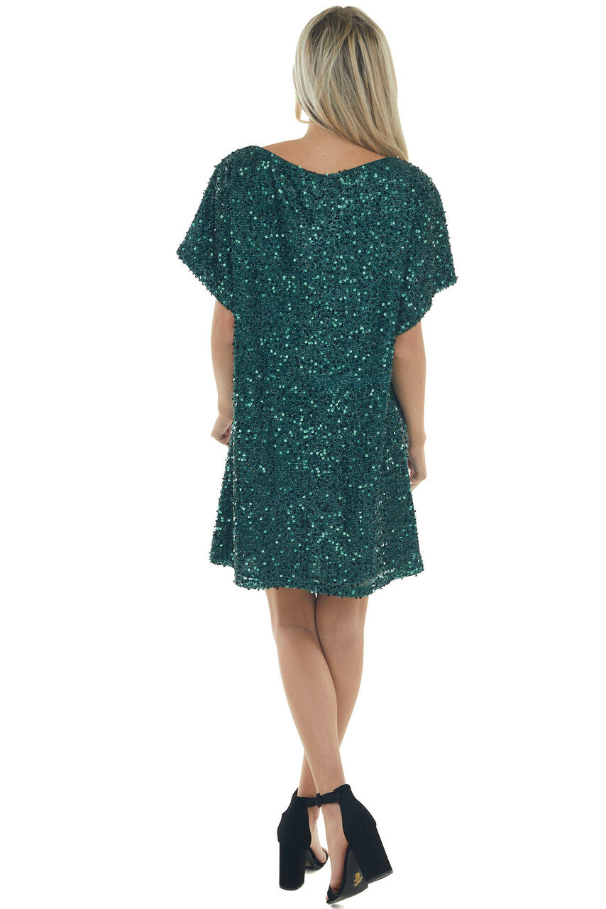 Forest Sequined Short Flowy Sleeve Shift Dress