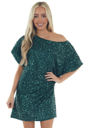 Forest Sequined Short Flowy Sleeve Shift Dress
