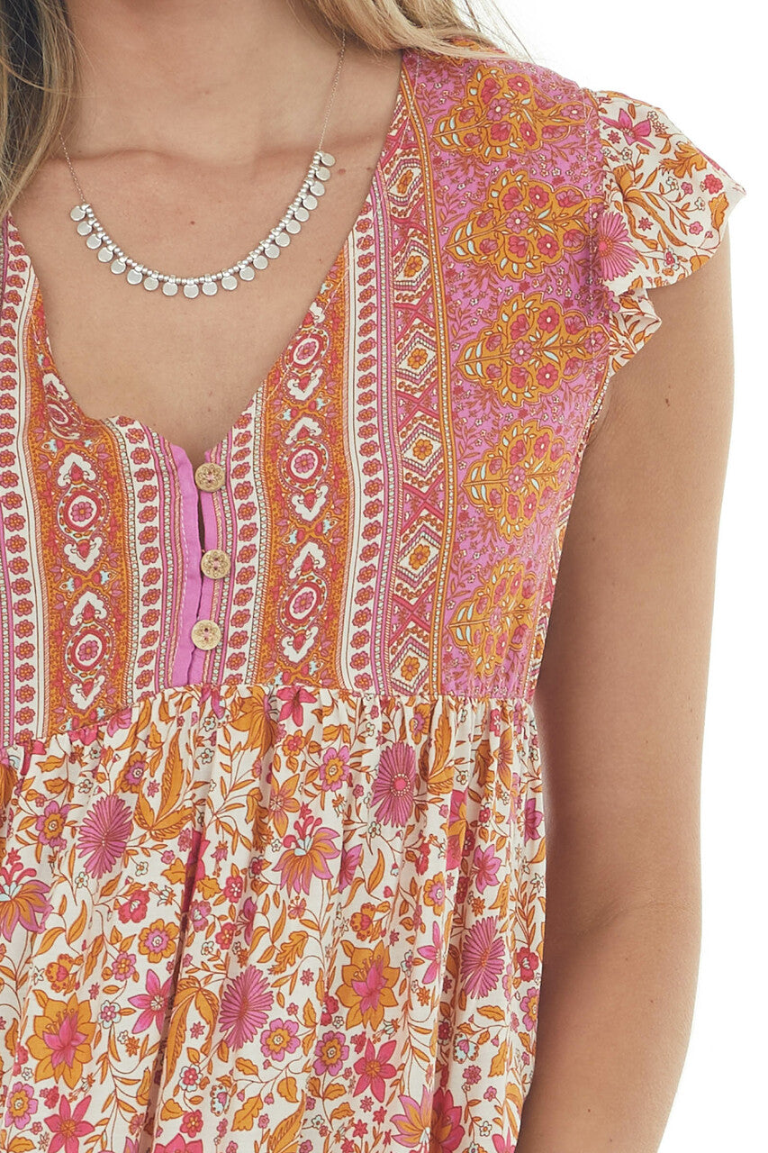 Watermelon and Marigold Print Button Front Dress